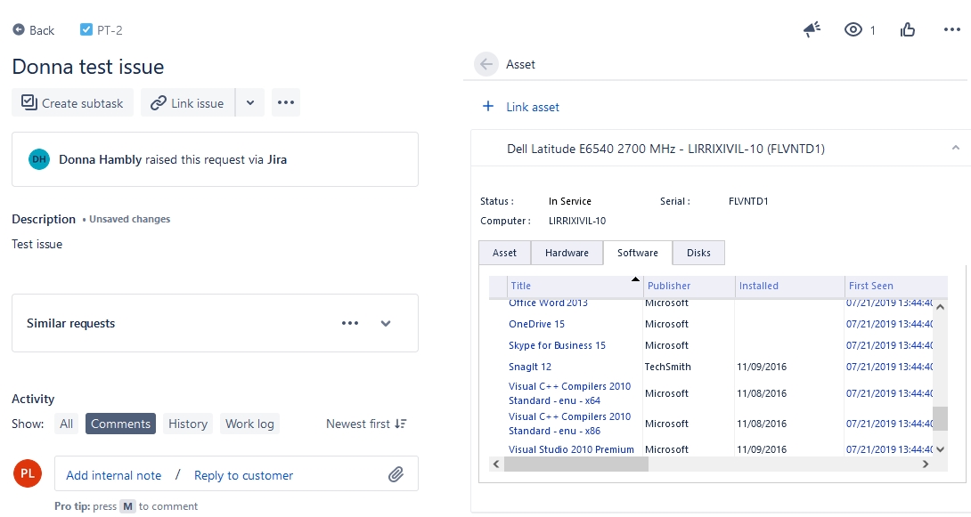 xAssets JIRA Asset Panel Integration - Screenshot